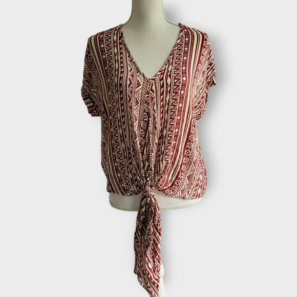 Entro Tribal Top Knotted Waist V Neck Relaxed Fit Red Short Sleeve Casual Small - Picture 2 of 11